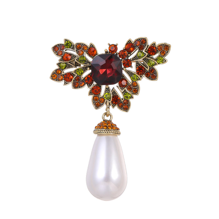 Red Gold Tone Flower Pearl Look Four Designs Metal Brooch Pin