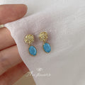 Gold Rose Stud Blue Ice Crystal Oval Drop Earrings Pair view 6