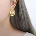 Gold Oval Swirl Stud Earrings Pearl Center Crystal Accents view 3
