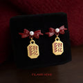 Red Enamel Bow Gold Wealth Charm Drop Earrings Pair view 6
