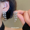 Silver Crystal Teardrop Tassel Earrings Bar Necklace view 4