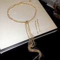 Multi-Layer CZ Tassel Necklace Set Gold Gunmetal Silver view 6