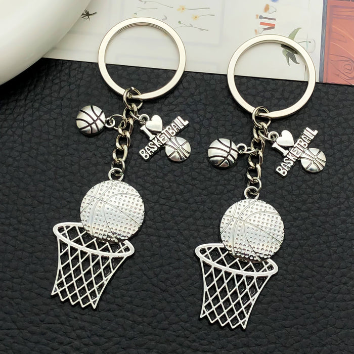 Antique Silver Basketball Hoop and Ball Metal Keychain