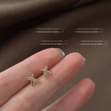 Gold Tone Mini Clear Stone Crossed Bar Stud Earrings For Women