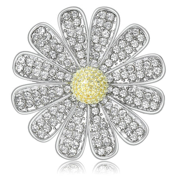 Rhinestone Daisy Flower Brooch Yellow Center Silver Petals