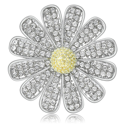 Silver rhinestone daisy brooch with yellow center front view