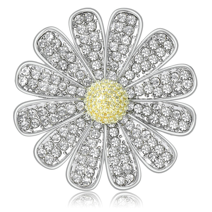 Rhinestone Daisy Flower Brooch Yellow Center Silver Petals