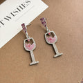 Pink Clear Stone Wine Glass Long Dangle Stud Earrings view 3