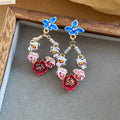 Gold Tone Multicolor Enamel Flower Drop Earrings Statement Jewelry view 6