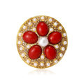Gold Round Flower Brooch Oval Cabochon Pearl Rhinestone Pin view 1