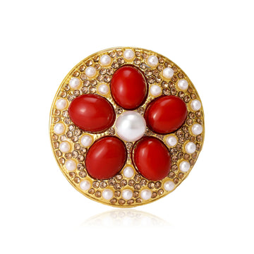 Gold Round Flower Brooch Oval Cabochon Pearl Rhinestone Pin