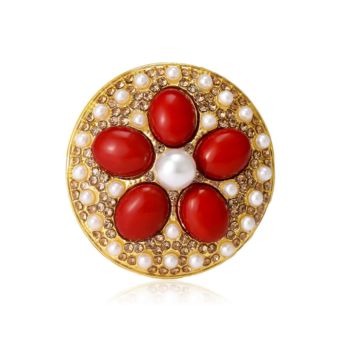 Gold Round Flower Brooch Oval Cabochon Pearl Rhinestone Pin