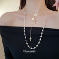 Silver Multi Layer Pearl Cross Medal Necklace Four Piece Set view 1