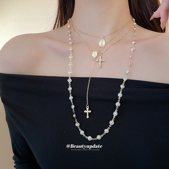Silver Multi Layer Pearl Cross Medal Necklace Four Piece Set