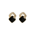 Gold Geometric Black Enamel Stud Earrings Pave Crystal Arc view 5