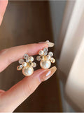 Crystal Flower Stud Earrings with Pearl Clusters in Three Colors view 8