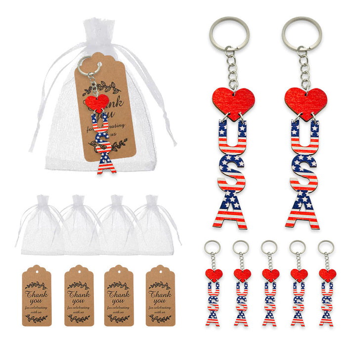 USA Letter Keychain with Red Heart and American Flag Pattern