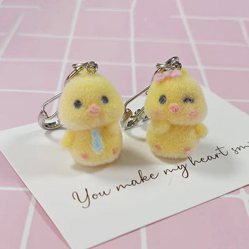 Flocked Yellow Chick Keychains Heart Clasp 2 Styles