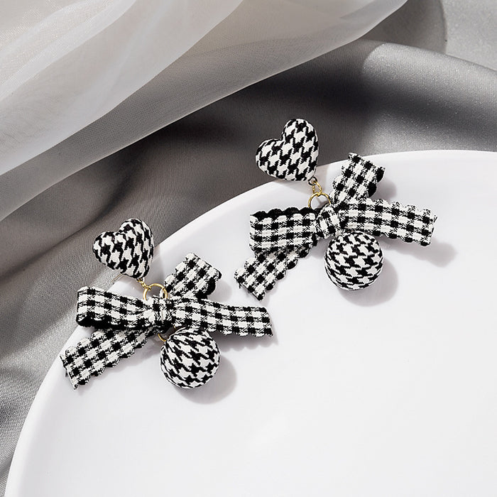 Black White Houndstooth Heart Bow Fabric Drop Earrings