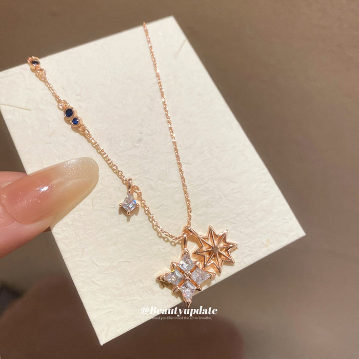 Rose Gold Tone Double Star Pendant Necklace With Fine Chain