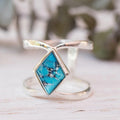 Silver-Tone Double Band Ring with Diamond-Shape Turquoise-Look Stone view 2