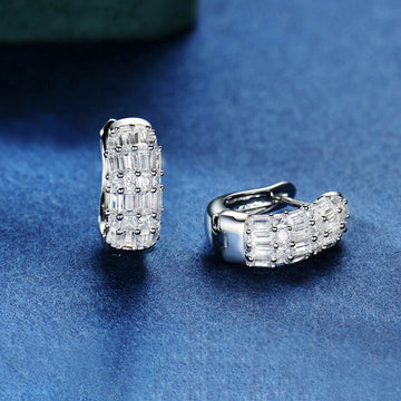 Silver Baguette Pave Clear CZ Wide Huggie Earrings