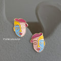 Gold Enamel Abstract Face Stud Earrings Pink Beret Design view 4