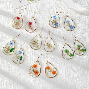 Gold Tone Teardrop Pressed Flower Drop Earrings in Eight Designs