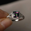 Iridescent Square Stone Halo Silver Tone Ring Polished Jewelry Accessory view 1