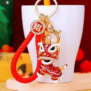 Crystal Lion Dance Keychains with Coin Details in Seven Colors
