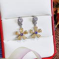 Yellow Flower Dangle Earrings with Multicolor Marquise Stones view 3