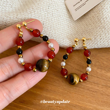 Gold Red Black Pearl And Tiger Eye Loop Earrings Statement Jewelry