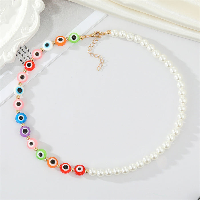 Faux Pearl and Multicolor Evil Eye Beaded Necklace