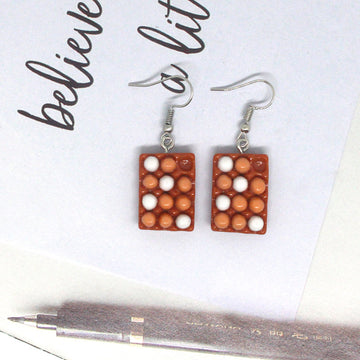Silver Tone Brown Miniature Egg Tray Novelty Hook Earrings