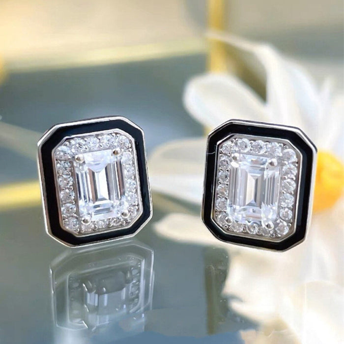 Silver Tone Black Enamel Emerald Cut Stud Earrings