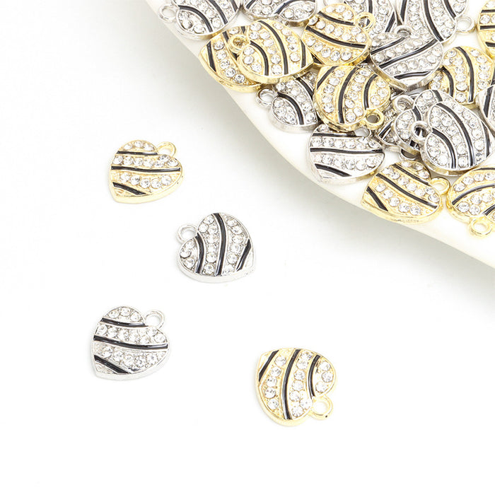 Striped Heart Charm with Clear Stones, Gold-Tone or Silver-Tone