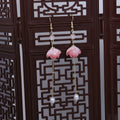 Green Lotus Leaf and Pink Flower Long Chain Earrings view 3