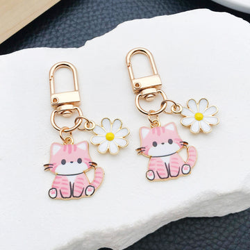Pink Cat and White Daisy Enamel Clip Keychain Eight-Style Collection