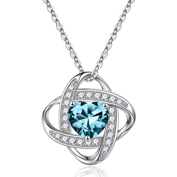Silver Interlock Heart CZ Pendant Necklace Blue Red