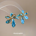 Blue Enamel Petal and Gold Bow Statement Stud Earrings view 2