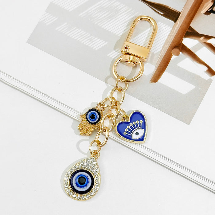 Blue Evil Eye Keychain With Rhinestone Teardrop And Hamsa Hand