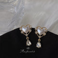 Gold Heart Pearl Frame Clear Teardrop Drop Earrings view 3