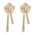 Cream Camellia Enamel Pearl Stud Dual Crystal Tassel Earrings view 5
