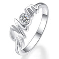 White Gold Cursive Mom Script Ring with Clear Round CZ view 1