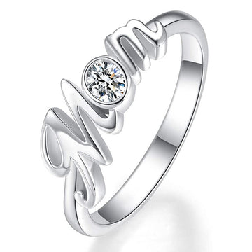 White Gold Cursive Mom Script Ring with Clear Round CZ
