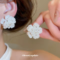 Beaded Pearl Center Flower Stud Earrings in White and Blue view 3