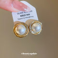 Gold Tone Round Faux Pearl Clear Crystal Stud Earrings view 2