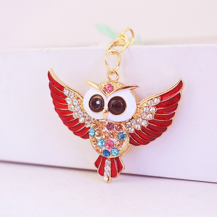 Colorful Rhinestone Owl Keychain with Spread Wings for Car Keys and Bags