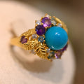 Gold Ribbed Band Ring Turquoise Blue Cabochon Center view 2