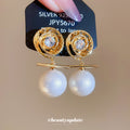 Gold Swirl Clear Stone and Pearl Drop Stud Earrings view 2